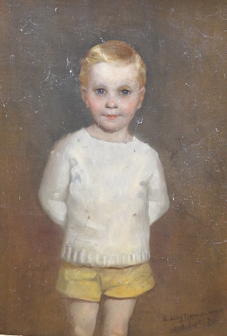 Early 20th century English School, oil on canvas, Three-quarter length portrait of a young boy, indistinctly signed and dated Sept 7th 1928, 90 x 70cm, gilt framed. Condition - fair, would benefit from a clean